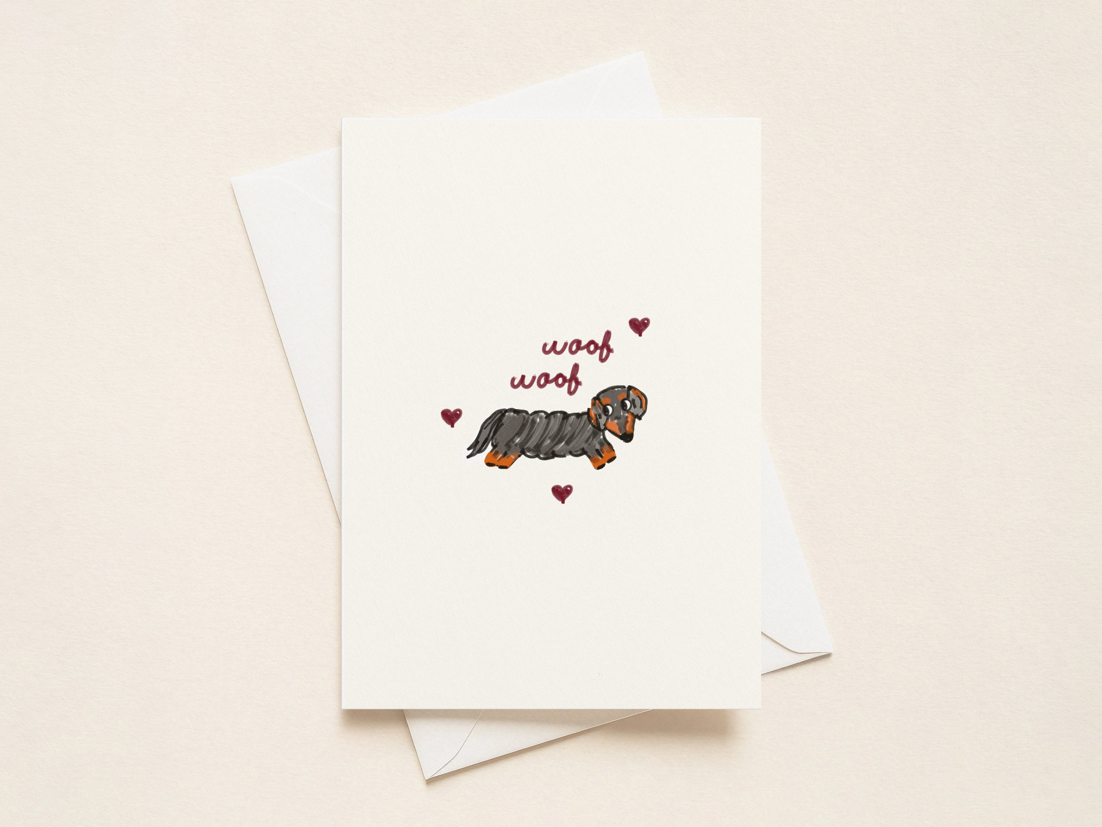 "Woof Woof” Greeting Cards - Black and Tan Doxie