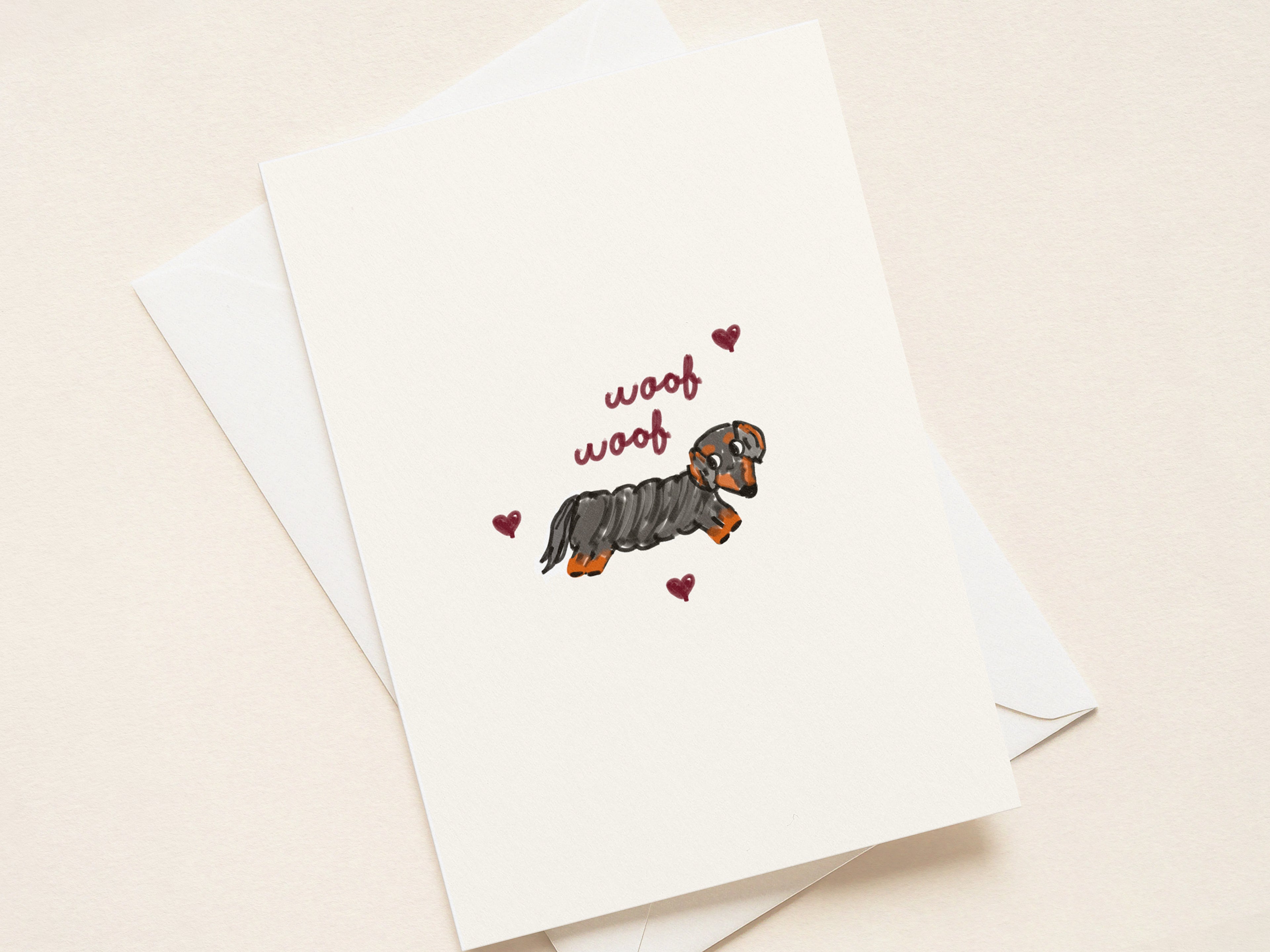 "Woof Woof” Greeting Cards - Black and Tan Doxie